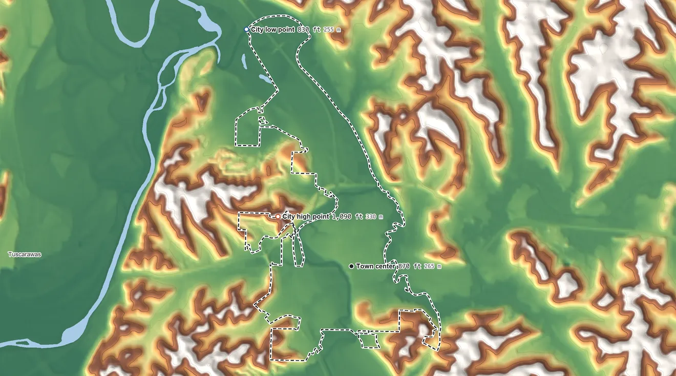 Topographic elevation map of Uhrichsville, Ohio, shaded from 830 ft on the northwest side to 1,090 ft on the northwest side