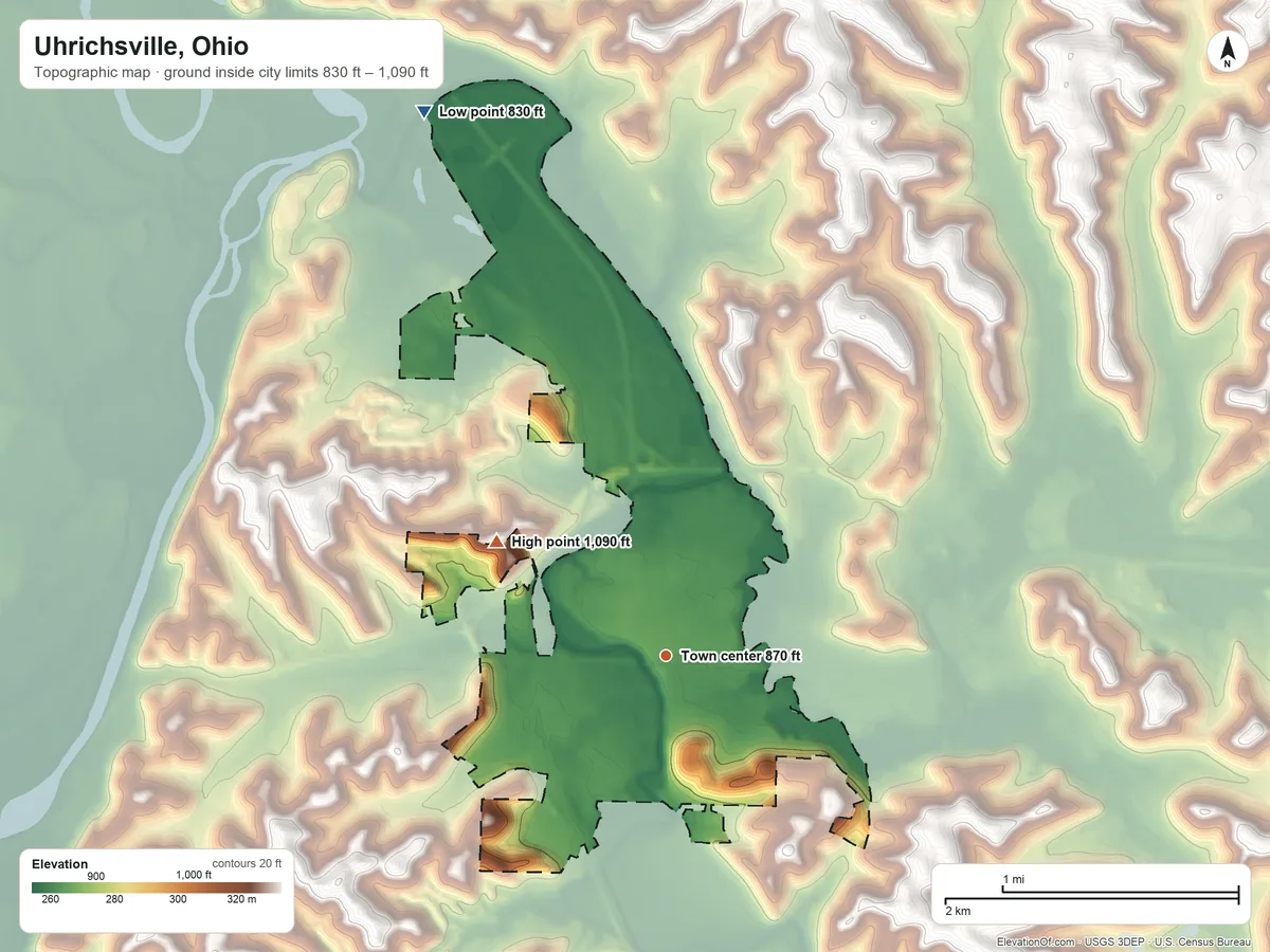 Topographic elevation map of Uhrichsville, Ohio, shaded from 830 ft on the northwest side to 1,090 ft on the northwest side