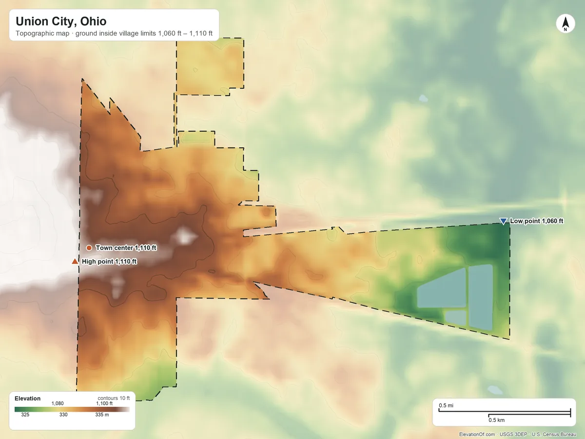 Topographic elevation map of Union City, Ohio, shaded from 1,060 ft on the east side to 1,110 ft near the middle