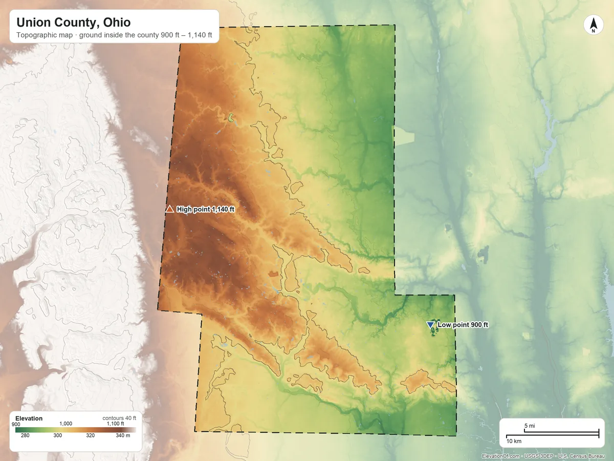 Topographic elevation map of Union County, Ohio, shaded from 900 ft on the southeast side to 1,140 ft on the west side