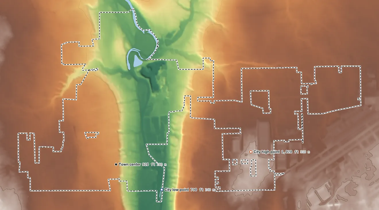 Topographic elevation map of Union, Ohio, shaded from 790 ft on the southeast side to 1,020 ft on the east side