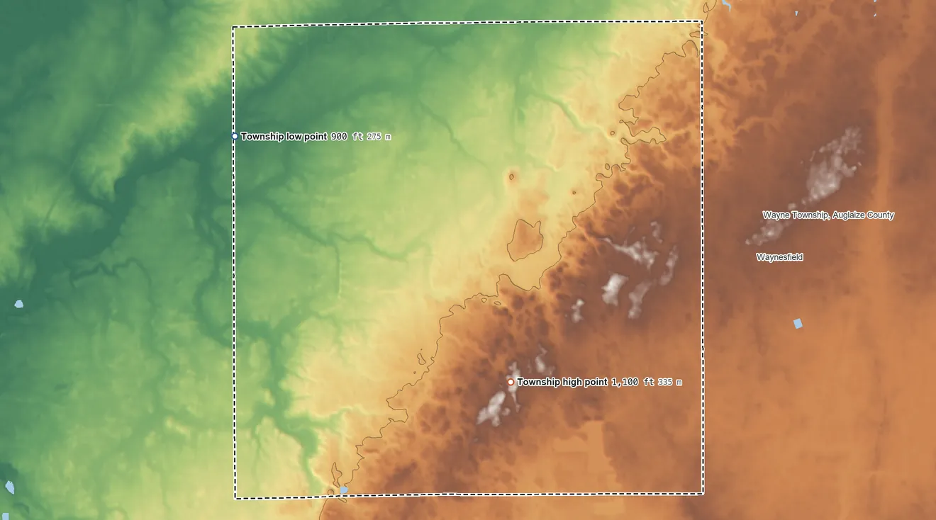 Topographic elevation map of Union Township, Auglaize County, Ohio, shaded from 900 ft on the west side to 1,100 ft on the south side