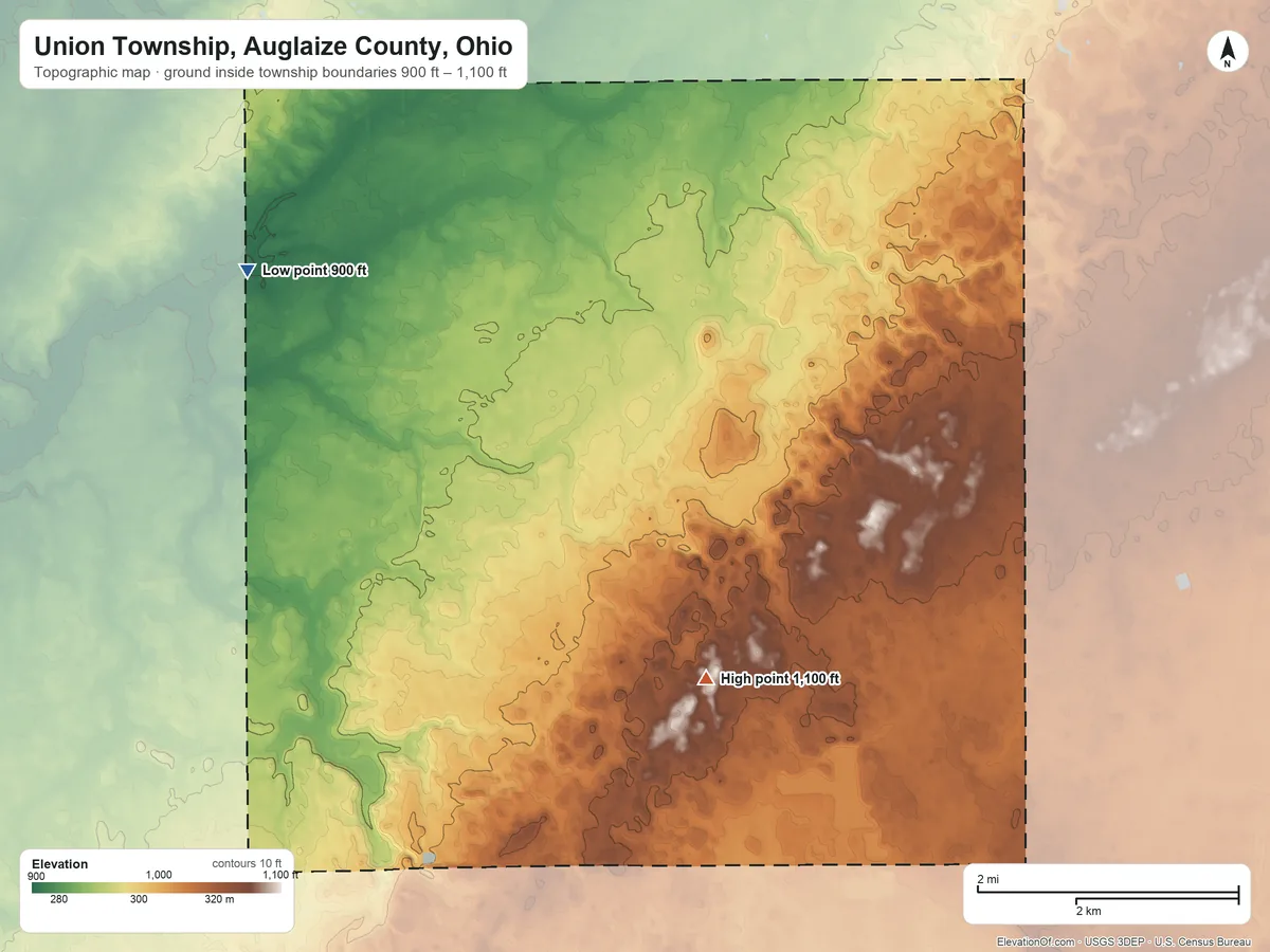 Topographic elevation map of Union Township, Auglaize County, Ohio, shaded from 900 ft on the west side to 1,100 ft on the south side