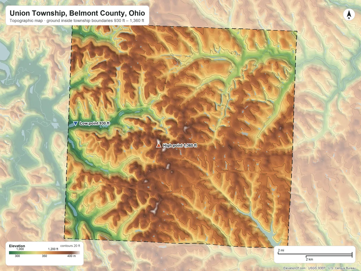 Topographic elevation map of Union Township, Belmont County, Ohio, shaded from 930 ft on the west side to 1,360 ft on the southwest side
