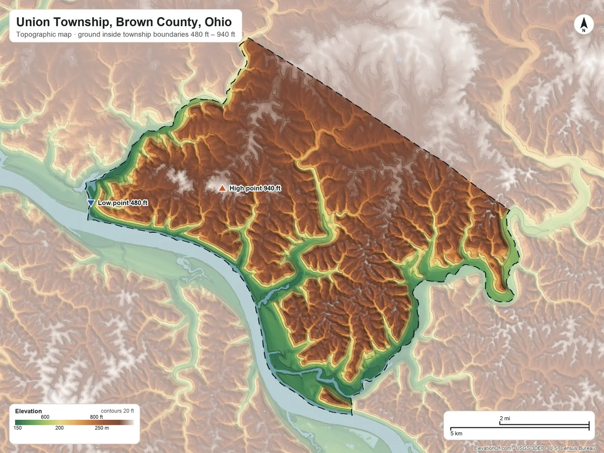 Topographic elevation map of Union Township, Brown County, Ohio, shaded from 480 ft on the northwest side to 940 ft on the northwest side