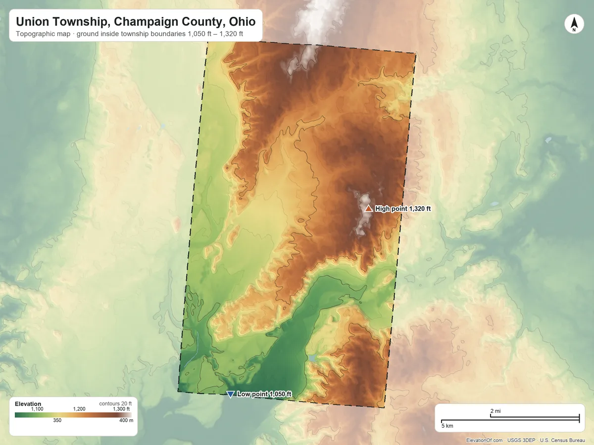 Topographic elevation map of Union Township, Champaign County, Ohio, shaded from 1,050 ft on the south side to 1,320 ft on the east side
