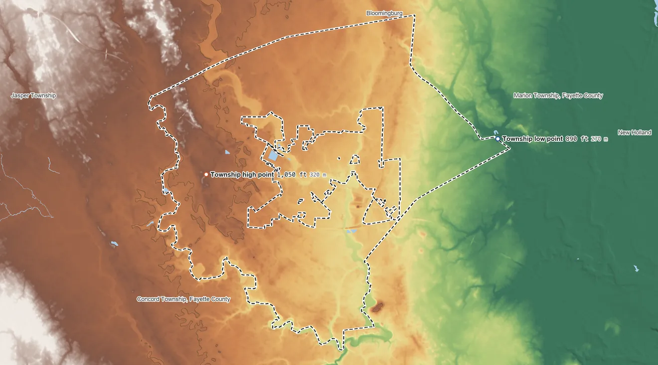 Topographic elevation map of Union Township, Fayette County, Ohio, shaded from 890 ft on the east side to 1,050 ft on the west side
