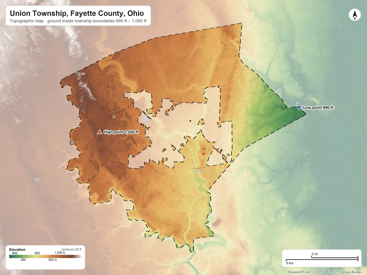 Topographic elevation map of Union Township, Fayette County, Ohio, shaded from 890 ft on the east side to 1,050 ft on the west side