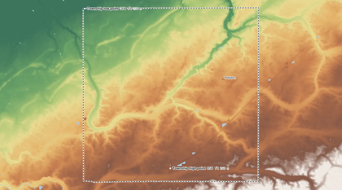 Topographic elevation map of Union Township, Hancock County, Ohio, shaded from 760 ft on the northwest side to 850 ft on the south side