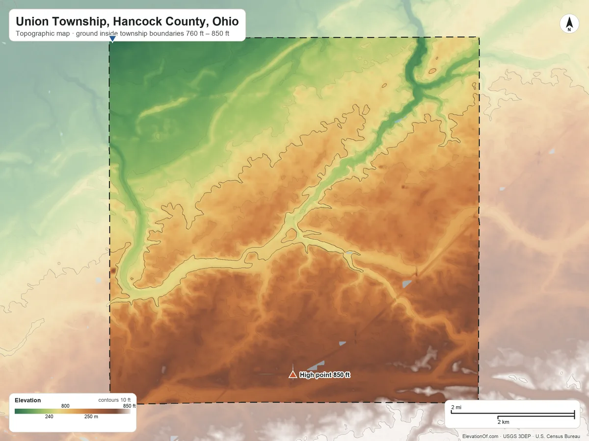 Topographic elevation map of Union Township, Hancock County, Ohio, shaded from 760 ft on the northwest side to 850 ft on the south side