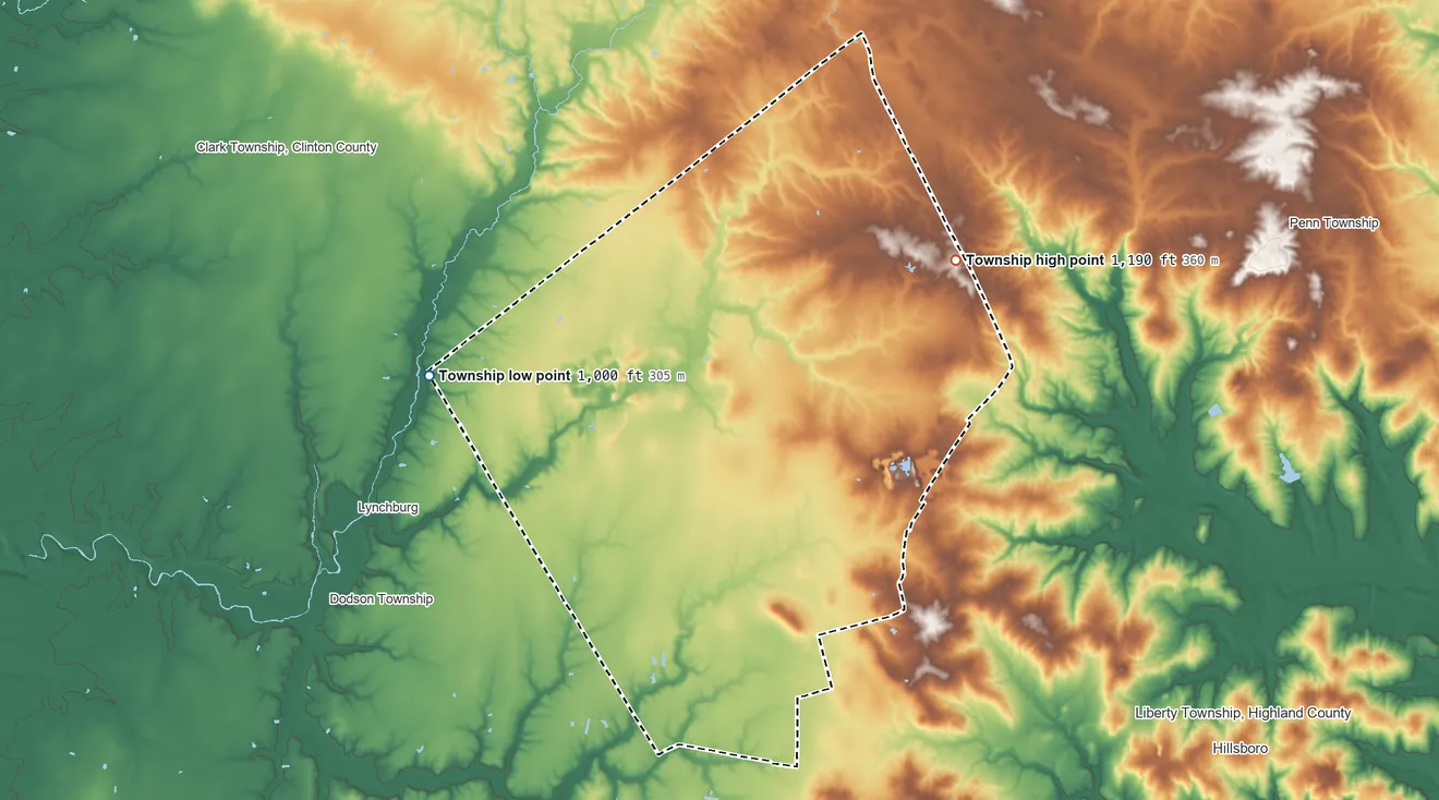 Topographic elevation map of Union Township, Highland County, Ohio, shaded from 1,000 ft on the west side to 1,190 ft on the east side