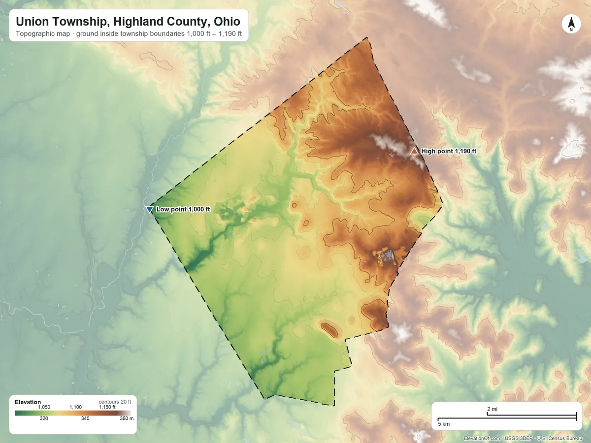 Topographic elevation map of Union Township, Highland County, Ohio, shaded from 1,000 ft on the west side to 1,190 ft on the east side