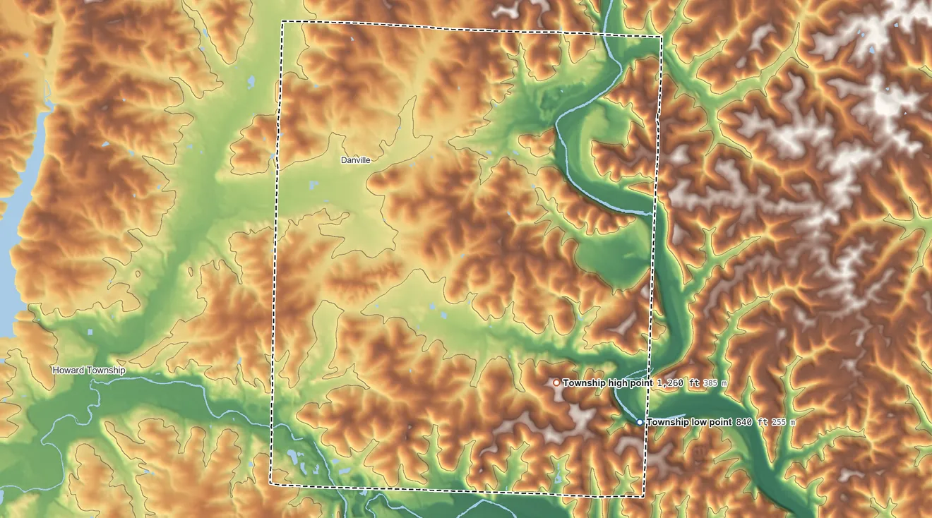 Topographic elevation map of Union Township, Knox County, Ohio, shaded from 840 ft on the southeast side to 1,260 ft on the southeast side