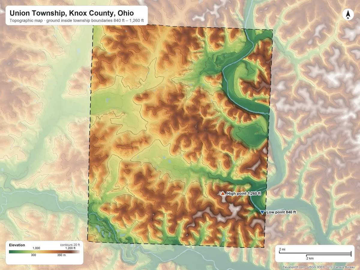 Topographic elevation map of Union Township, Knox County, Ohio, shaded from 840 ft on the southeast side to 1,260 ft on the southeast side