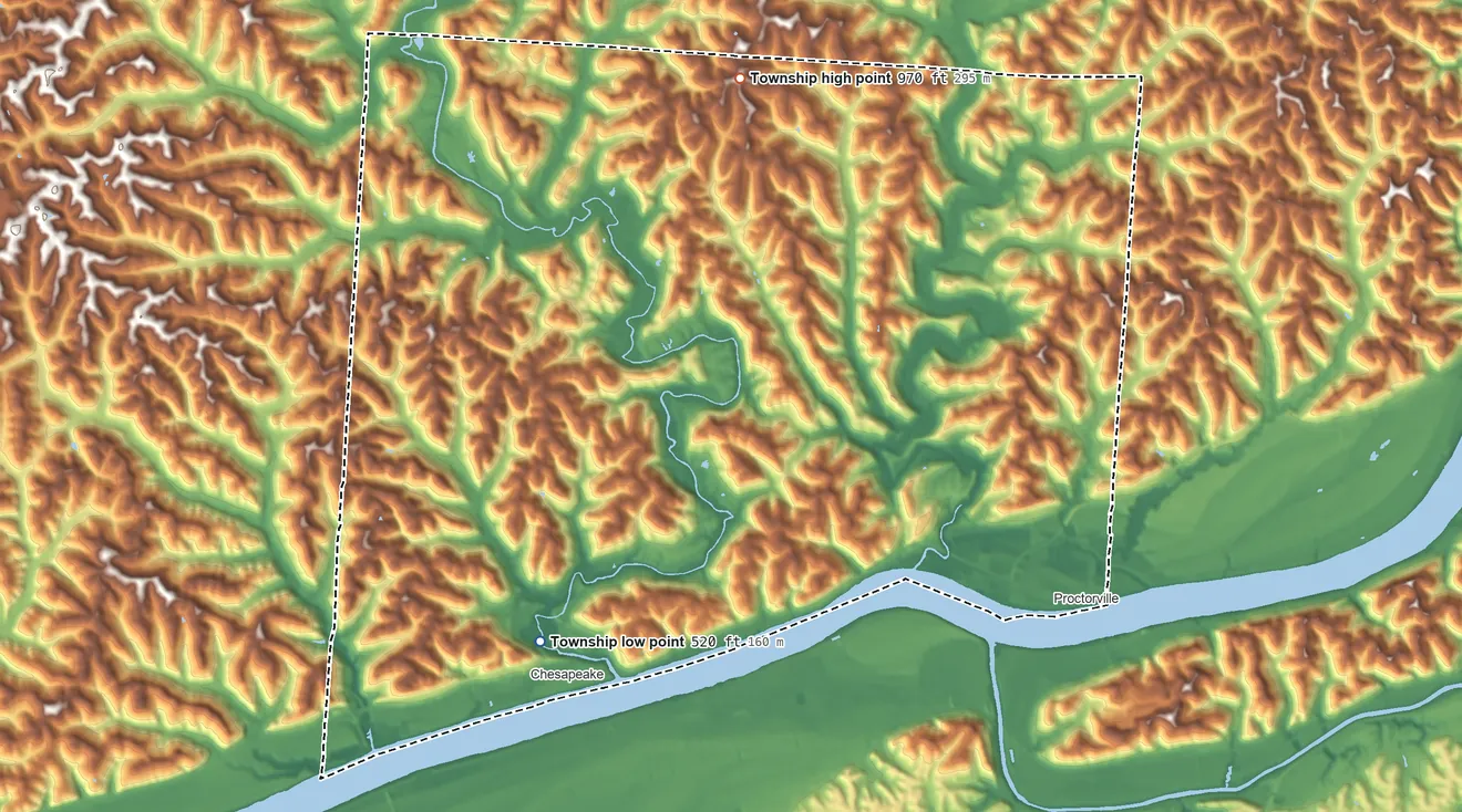 Topographic elevation map of Union Township, Lawrence County, Ohio, shaded from 520 ft on the southwest side to 970 ft on the north side
