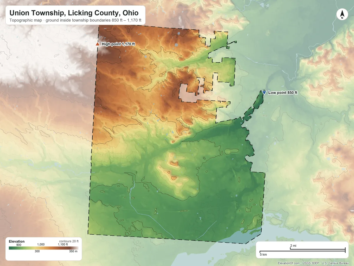 Topographic elevation map of Union Township, Licking County, Ohio, shaded from 850 ft on the northeast side to 1,170 ft on the northwest side