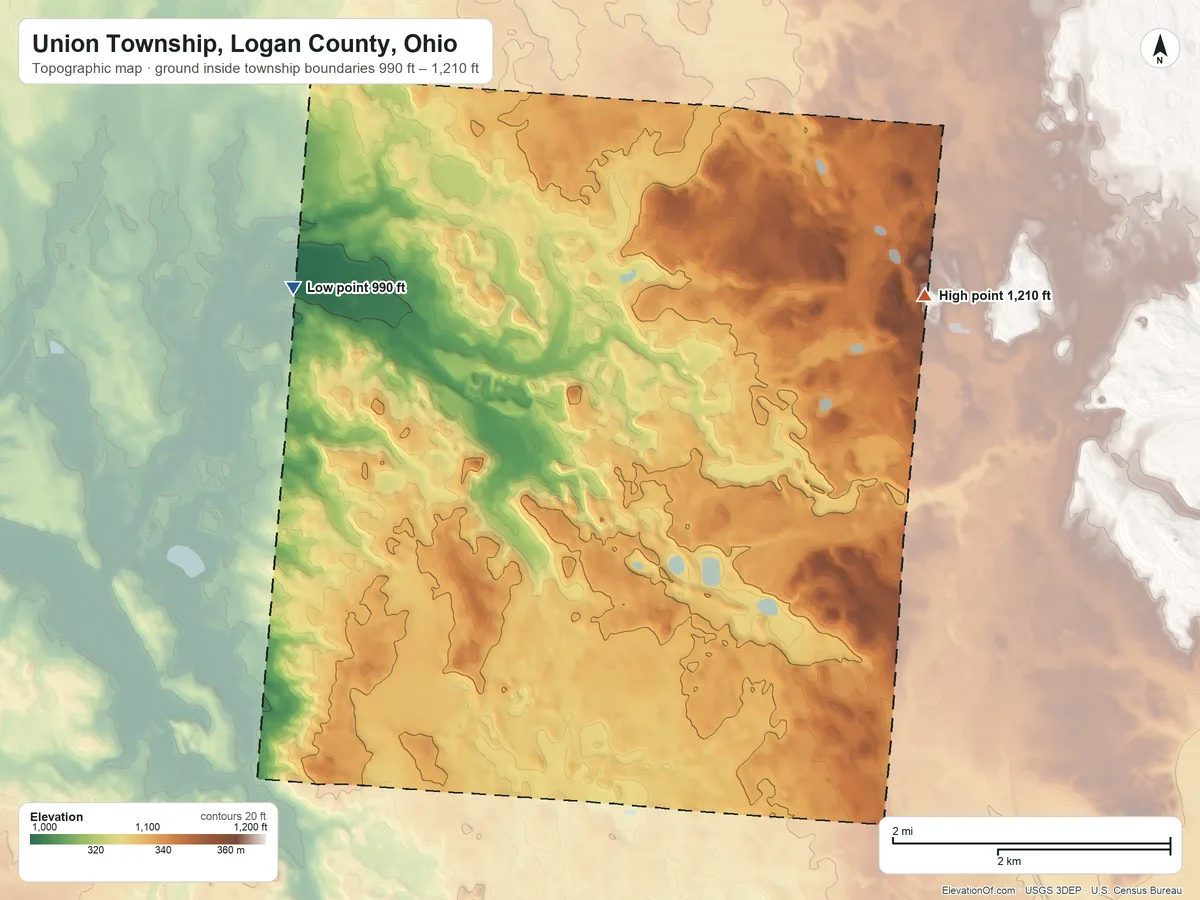 Topographic elevation map of Union Township, Logan County, Ohio, shaded from 990 ft on the west side to 1,210 ft on the northeast side