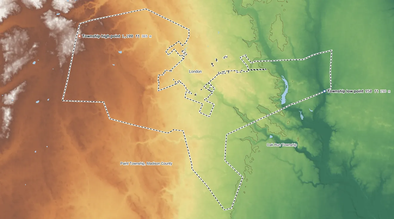 Topographic elevation map of Union Township, Madison County, Ohio, shaded from 950 ft on the east side to 1,200 ft on the west side