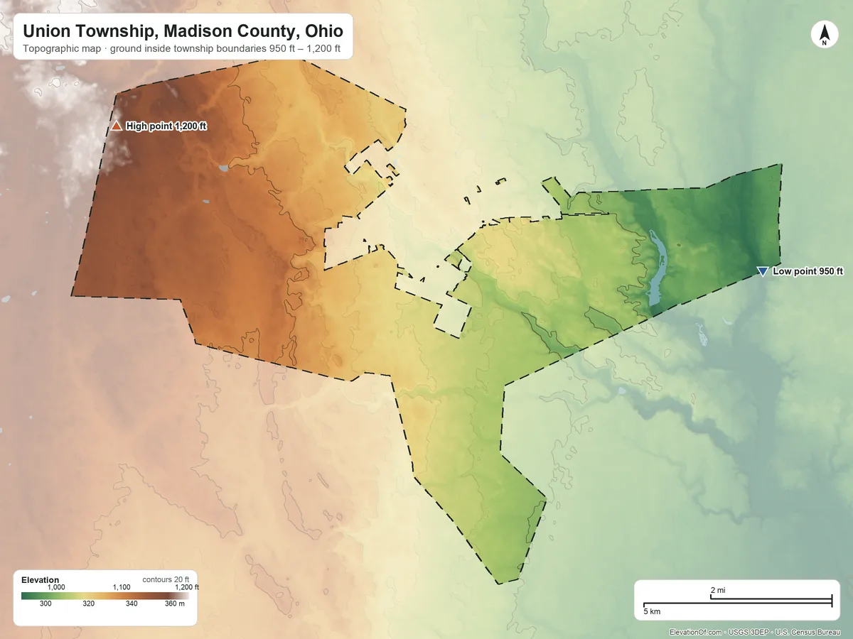 Topographic elevation map of Union Township, Madison County, Ohio, shaded from 950 ft on the east side to 1,200 ft on the west side