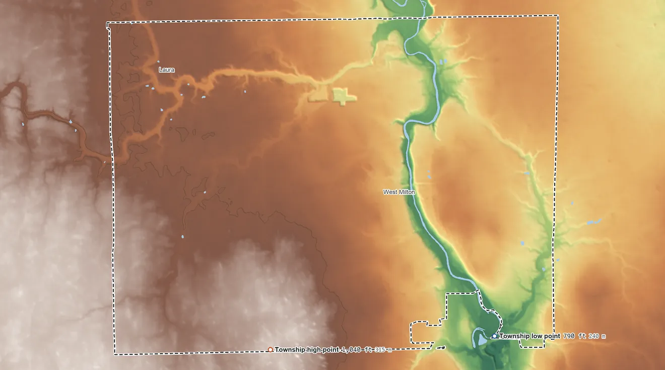 Topographic elevation map of Union Township, Miami County, Ohio, shaded from 790 ft on the southeast side to 1,040 ft on the southwest side