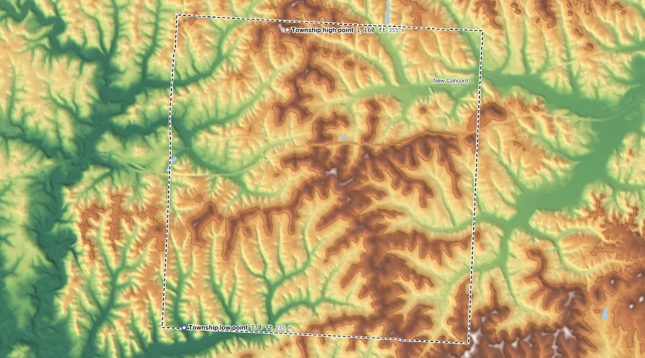 Topographic elevation map of Union Township, Muskingum County, Ohio, shaded from 770 ft on the southwest side to 1,160 ft on the northwest side