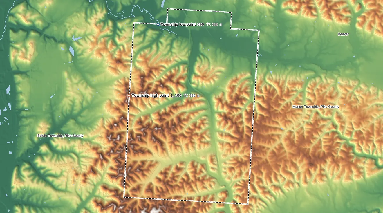 Topographic elevation map of Union Township, Pike County, Ohio, shaded from 590 ft on the north side to 1,100 ft on Sand Hill