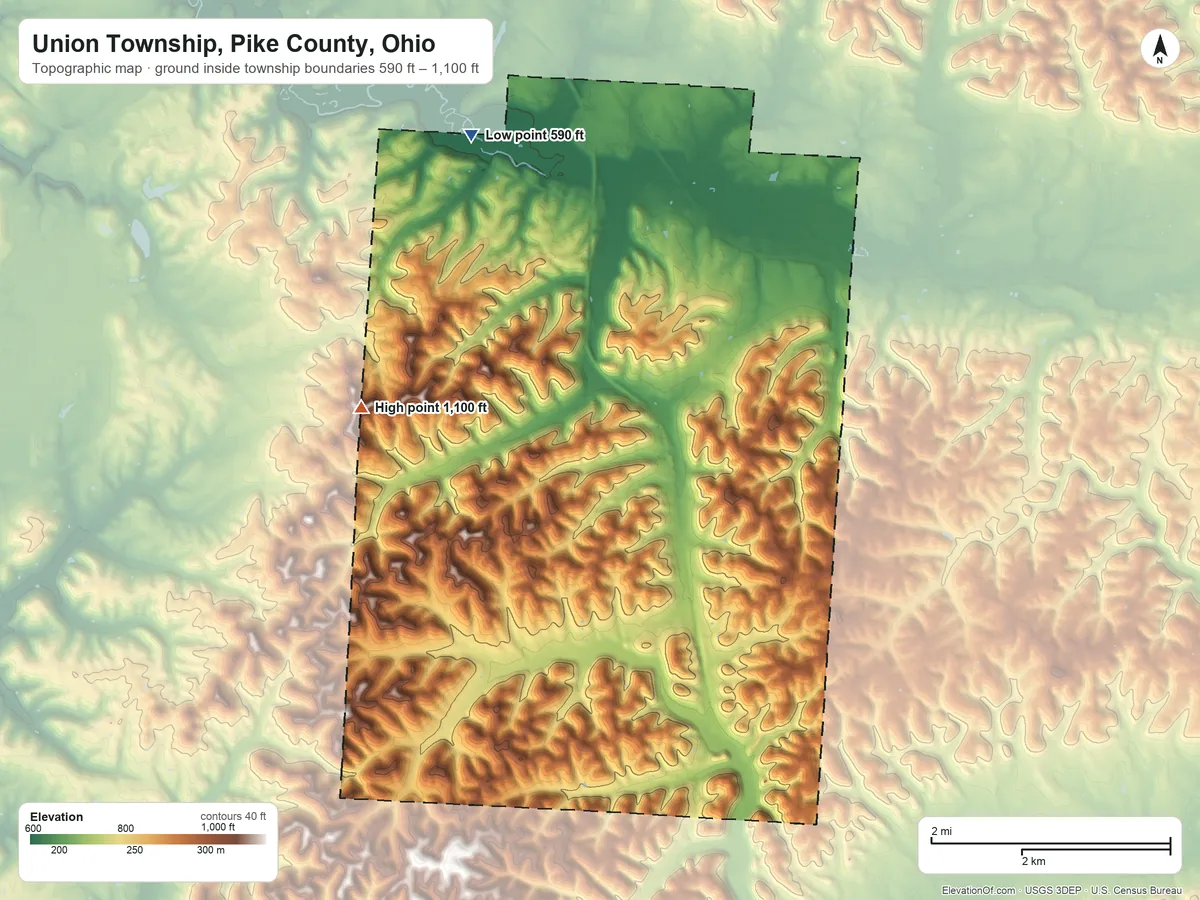 Topographic elevation map of Union Township, Pike County, Ohio, shaded from 590 ft on the north side to 1,100 ft on Sand Hill