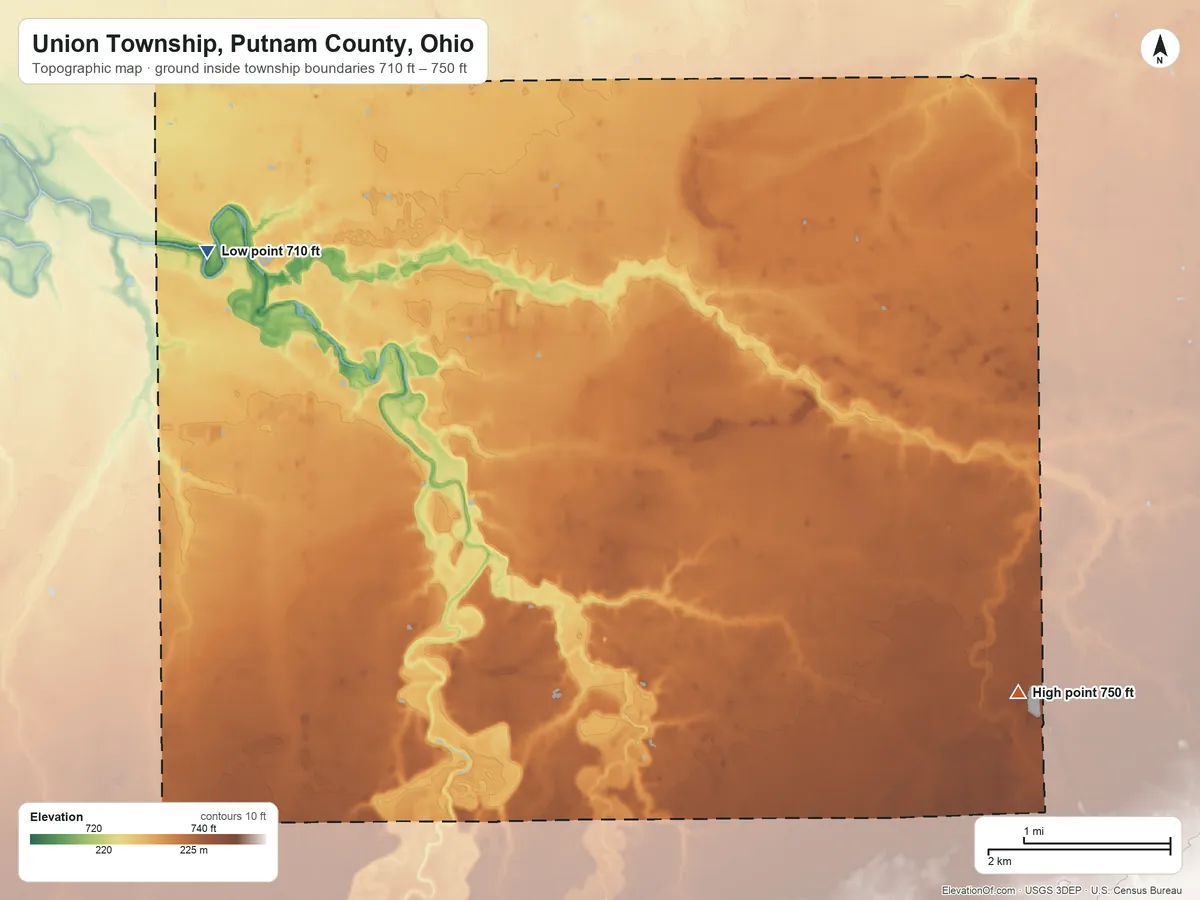 Topographic elevation map of Union Township, Putnam County, Ohio, shaded from 710 ft on the west side to 750 ft on the southeast side