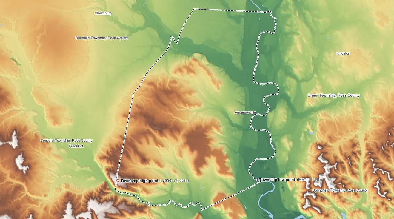 Topographic elevation map of Union Township, Ross County, Ohio, shaded from 600 ft on the east side to 1,090 ft on the west side