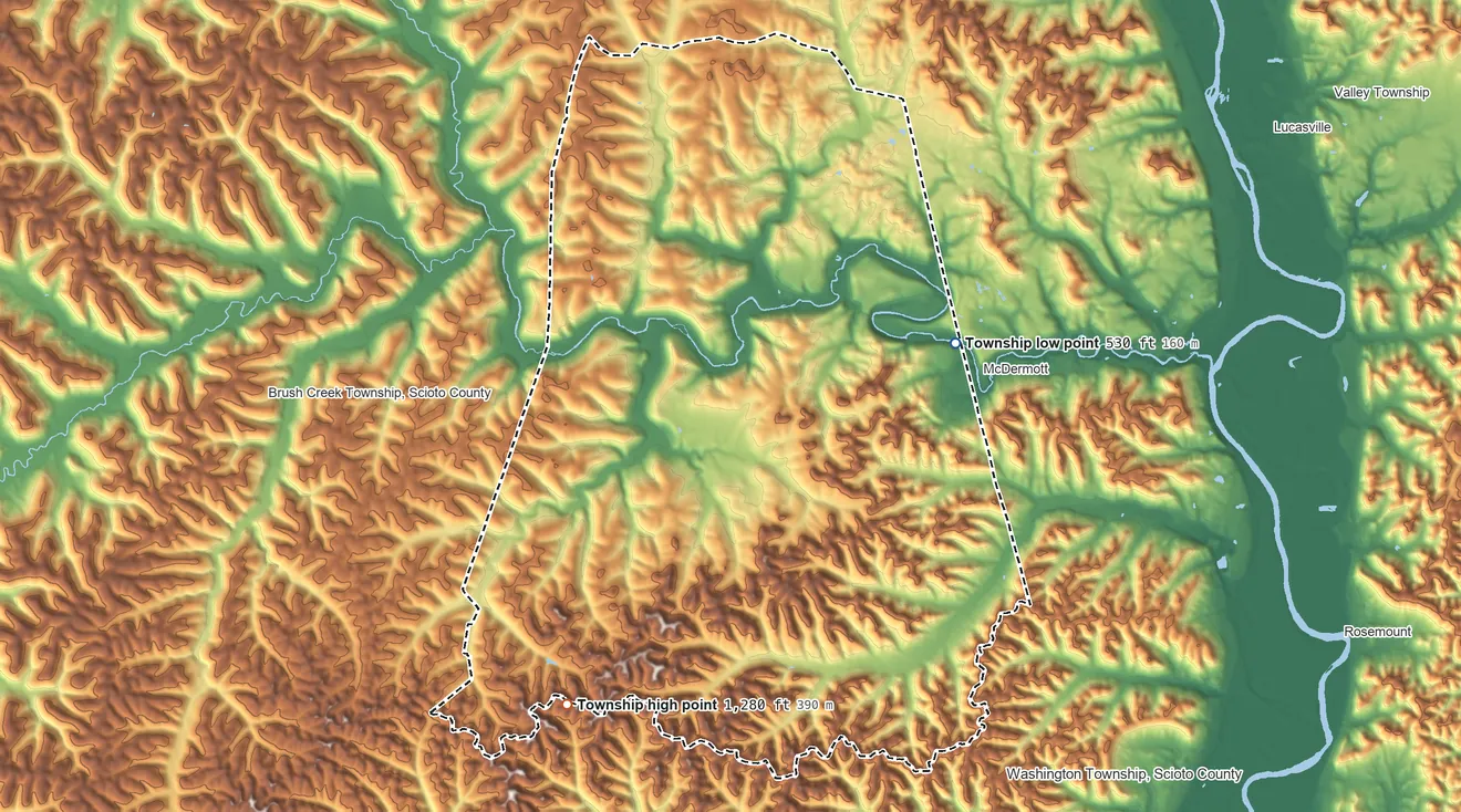 Topographic elevation map of Union Township, Scioto County, Ohio, shaded from 530 ft on the east side to 1,280 ft on the southwest side