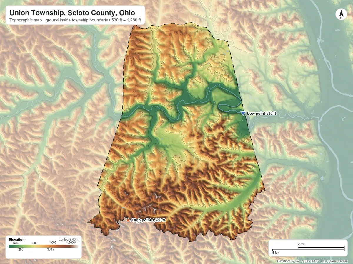 Topographic elevation map of Union Township, Scioto County, Ohio, shaded from 530 ft on the east side to 1,280 ft on the southwest side