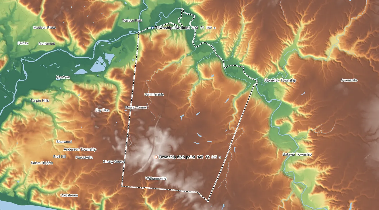 Topographic elevation map of Union Township, Ohio, shaded from 490 ft on the north side to 940 ft on the southwest side