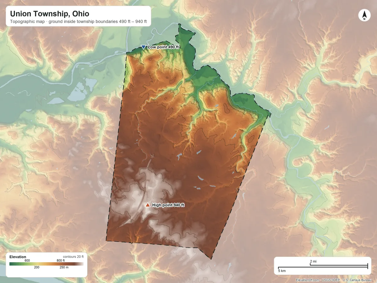 Topographic elevation map of Union Township, Ohio, shaded from 490 ft on the north side to 940 ft on the southwest side