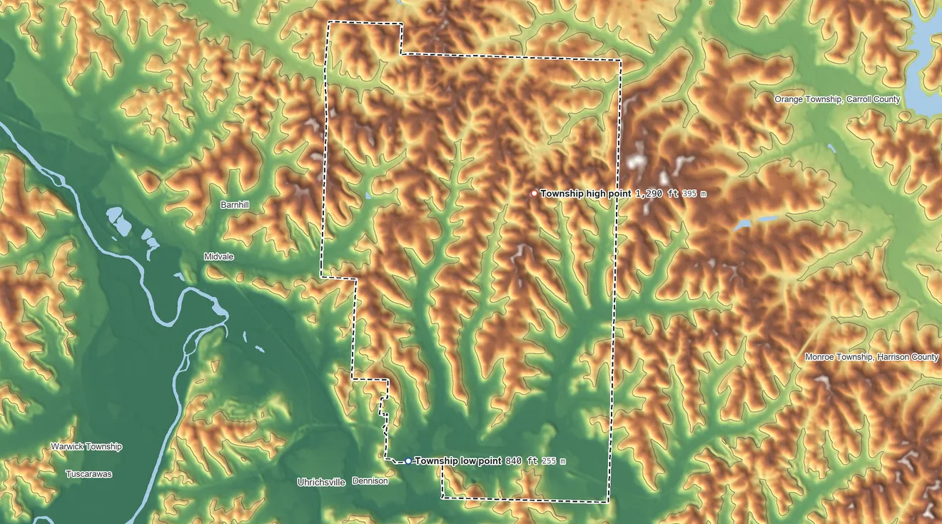 Topographic elevation map of Union Township, Tuscarawas County, Ohio, shaded from 840 ft on the south side to 1,290 ft on the northeast side