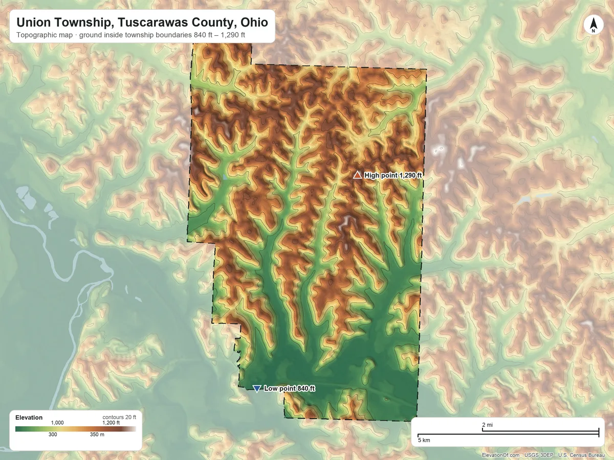 Topographic elevation map of Union Township, Tuscarawas County, Ohio, shaded from 840 ft on the south side to 1,290 ft on the northeast side