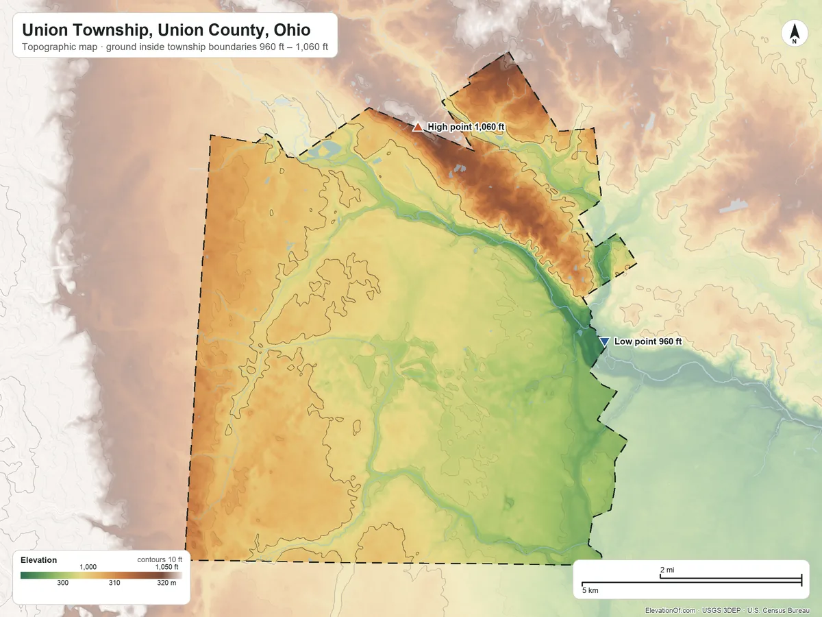 Topographic elevation map of Union Township, Union County, Ohio, shaded from 960 ft on the southeast side to 1,060 ft on the north side