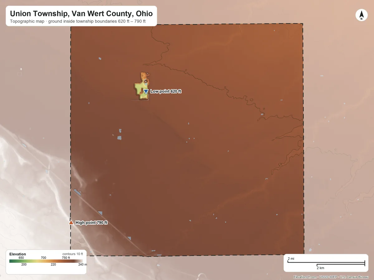 Topographic elevation map of Union Township, Van Wert County, Ohio, shaded from 620 ft on the northwest side to 790 ft on the southwest side