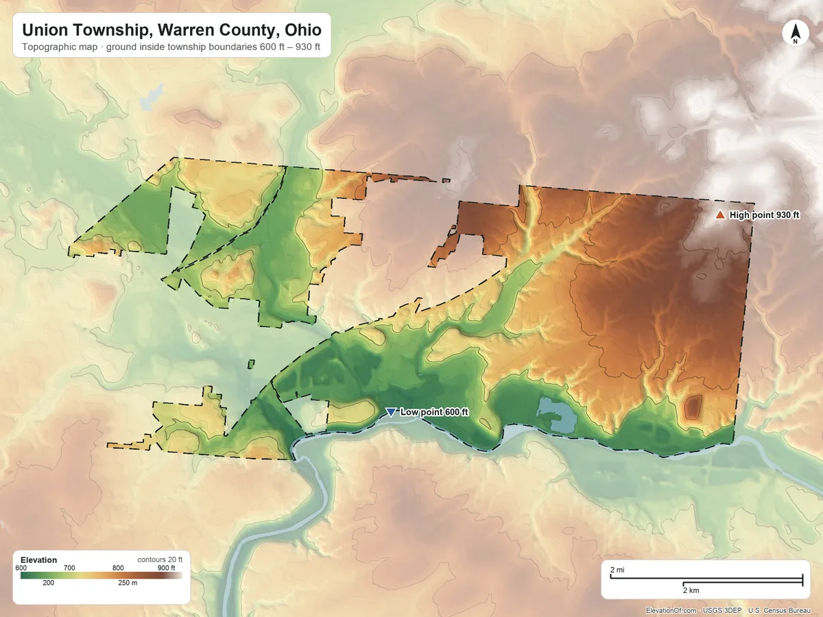 Topographic elevation map of Union Township, Warren County, Ohio, shaded from 600 ft near the middle to 930 ft on the northeast side