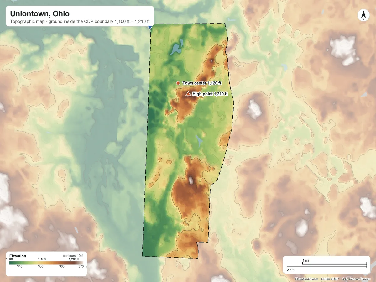 Topographic elevation map of Uniontown, Ohio, shaded from 1,100 ft on the northwest side to 1,210 ft near the middle