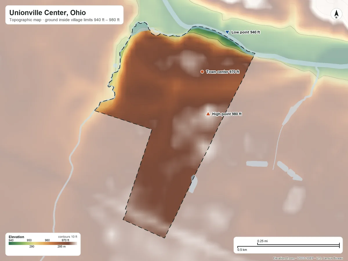 Topographic elevation map of Unionville Center, Ohio, shaded from 940 ft on the northeast side to 980 ft on the south side