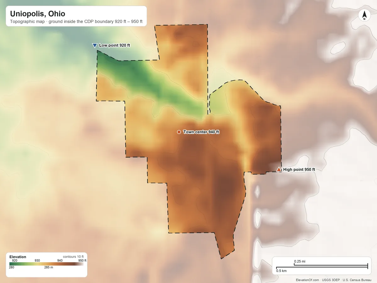 Topographic elevation map of Uniopolis, Ohio, shaded from 920 ft on the northwest side to 950 ft on the east side