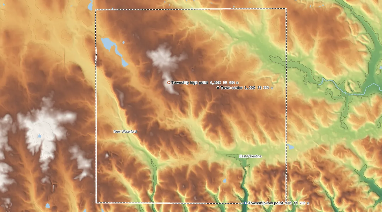 Topographic elevation map of Unity Township, Ohio, shaded from 910 ft on the south side to 1,290 ft on the west side