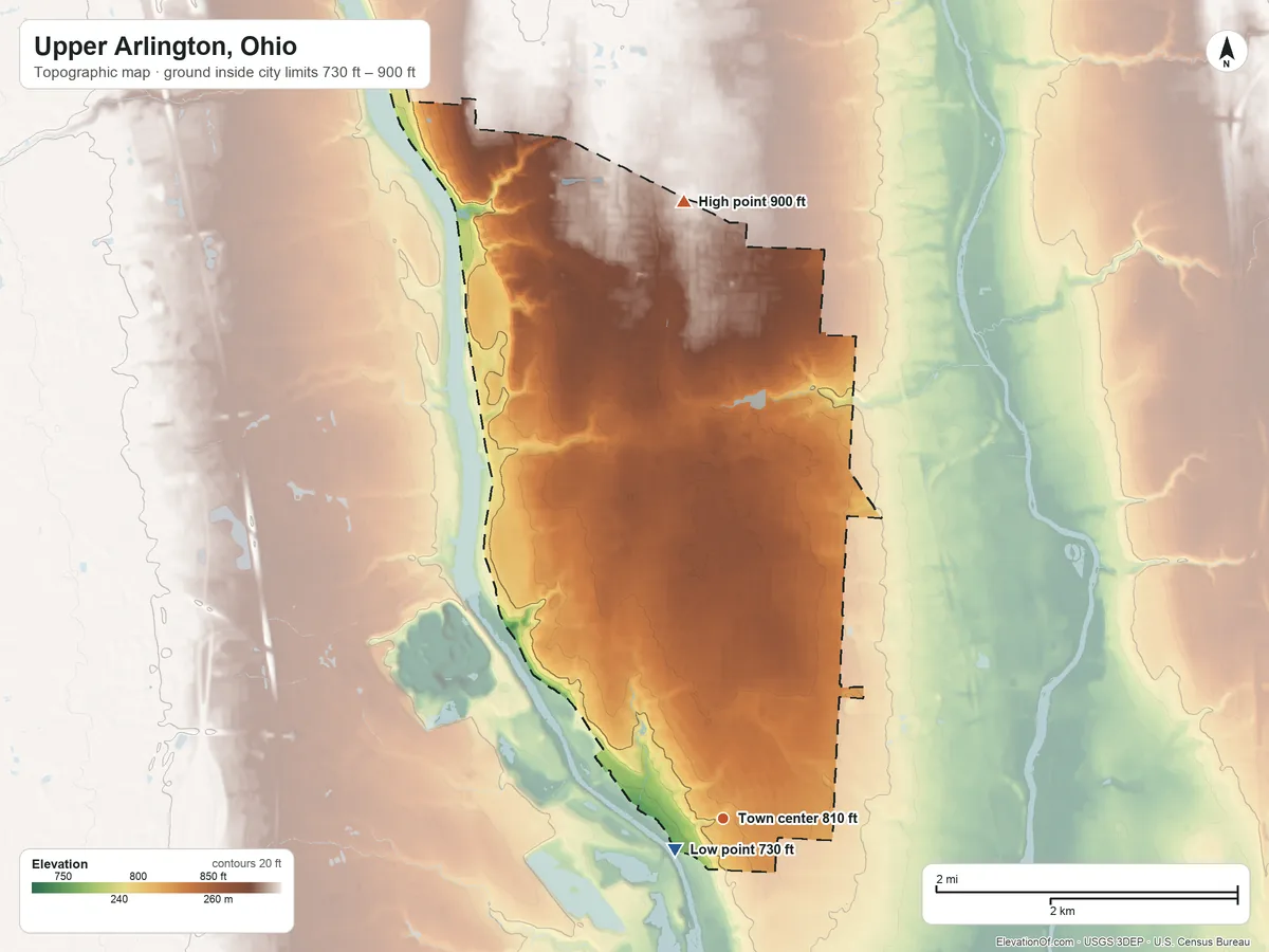 Topographic elevation map of Upper Arlington, Ohio, shaded from 730 ft near the middle to 900 ft on the north side
