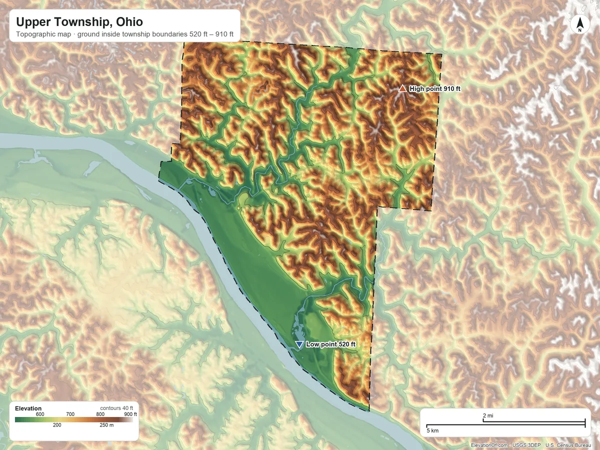 Topographic elevation map of Upper Township, Ohio, shaded from 520 ft on the south side to 910 ft on the northeast side