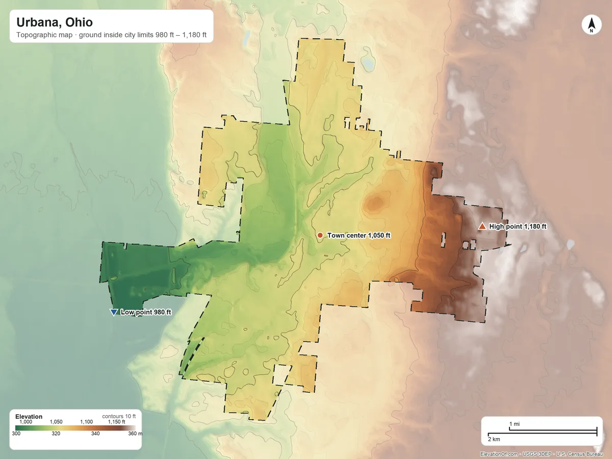 Topographic elevation map of Urbana, Ohio, shaded from 980 ft on the west side to 1,180 ft on the east side