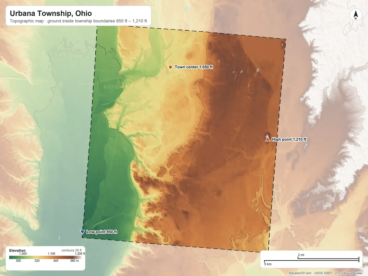 Topographic elevation map of Urbana Township, Ohio, shaded from 950 ft on the southwest side to 1,210 ft on the southeast side