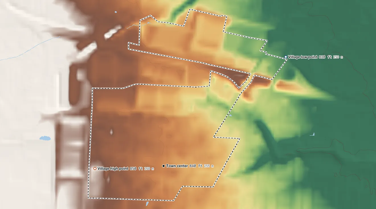 Topographic elevation map of Urbancrest, Ohio, shaded from 810 ft on the northeast side to 850 ft on the west side