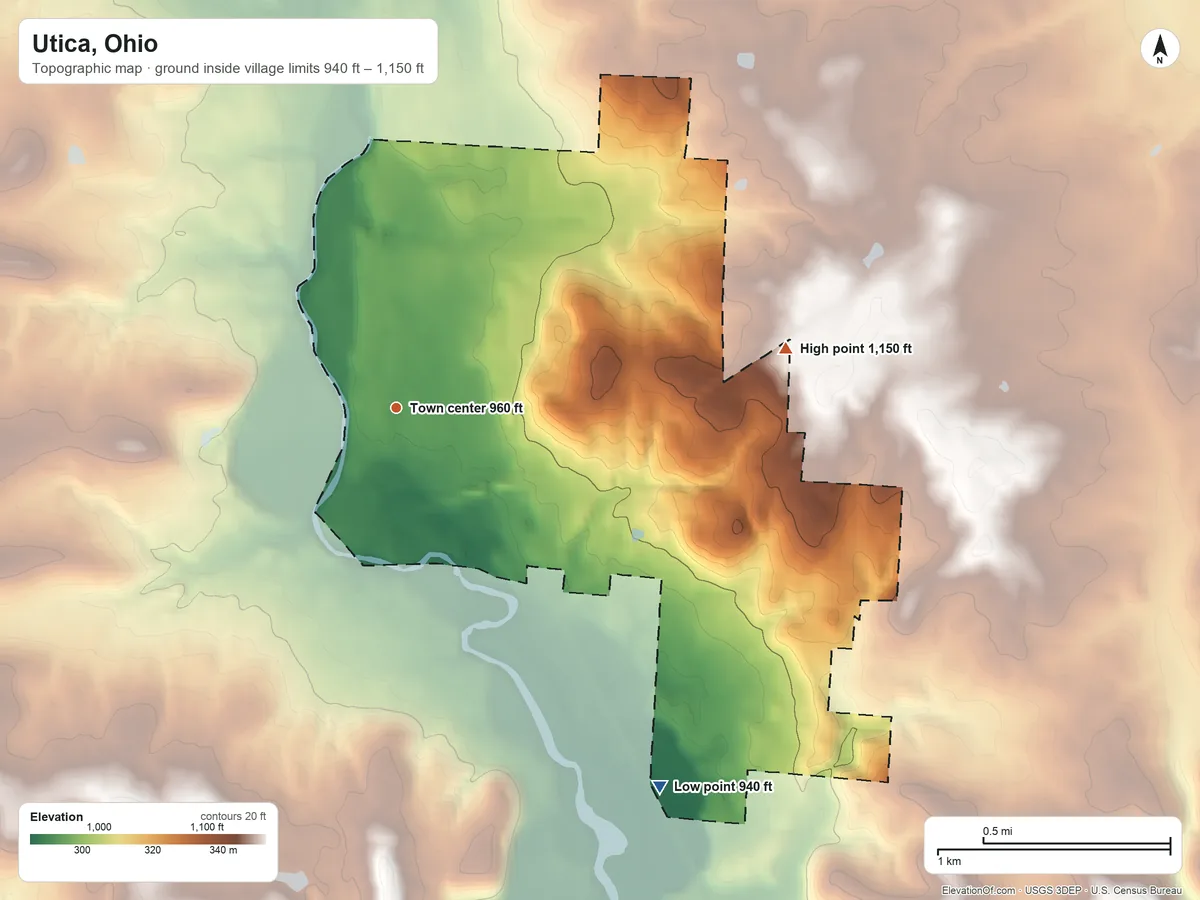 Topographic elevation map of Utica, Ohio, shaded from 940 ft on the southeast side to 1,150 ft on the east side