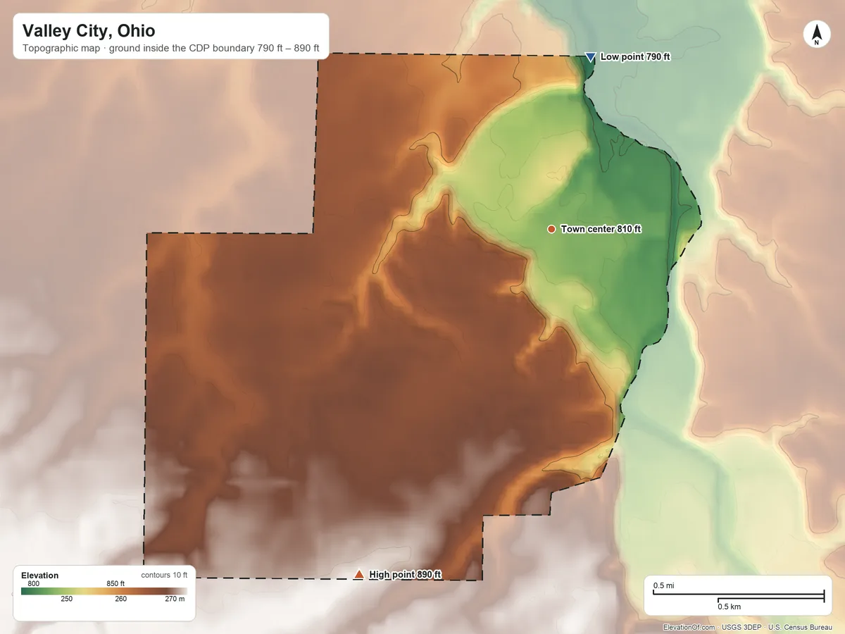 Topographic elevation map of Valley City, Ohio, shaded from 790 ft on the north side to 890 ft on the southwest side
