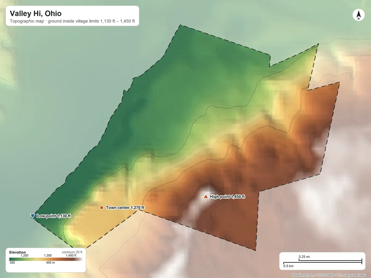 Topographic elevation map of Valley Hi, Ohio, shaded from 1,130 ft on the west side to 1,450 ft on the east side